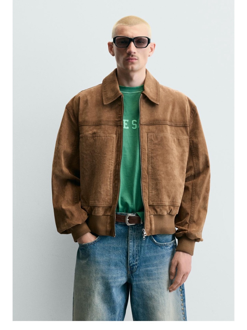 Zara Brown Suede Bomber Jacket with Ribbed Hem